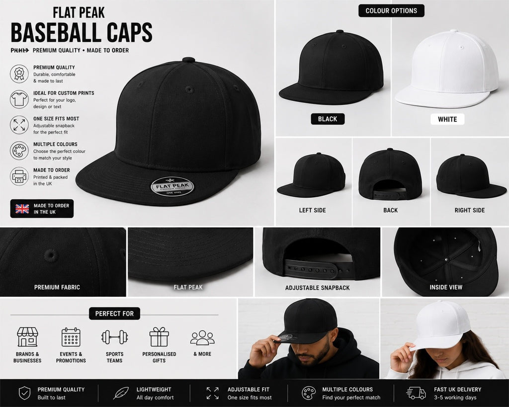 Personalised Flat Peak Baseball Cap Add Your Logo, Photo or Text