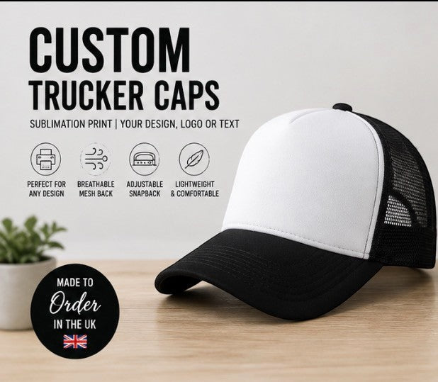 Personalised Trucker Cap | Custom Logo, Photo or Text | Sublimation Mesh Snapback Hat