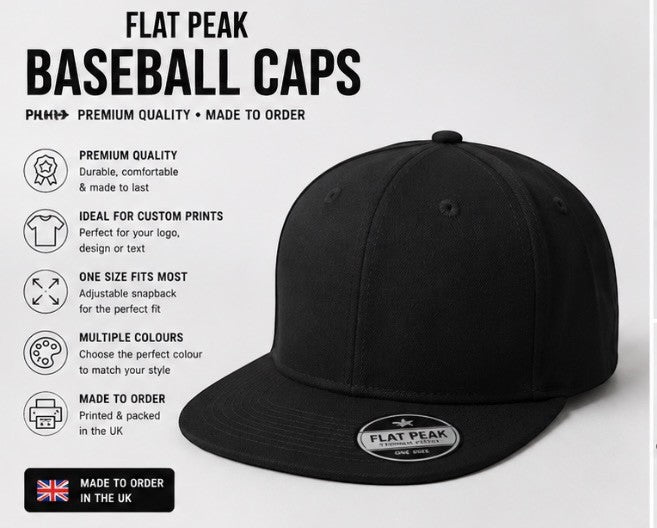 Personalised Flat Peak Baseball Cap Add Your Logo, Photo or Text