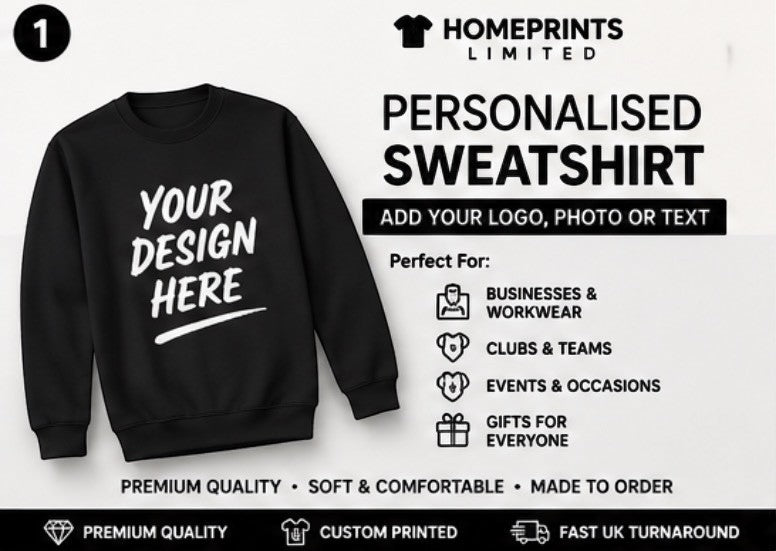 Personalised Unisex Sweatshirt | Add Your Logo, Photo or Text | Custom Printed UK